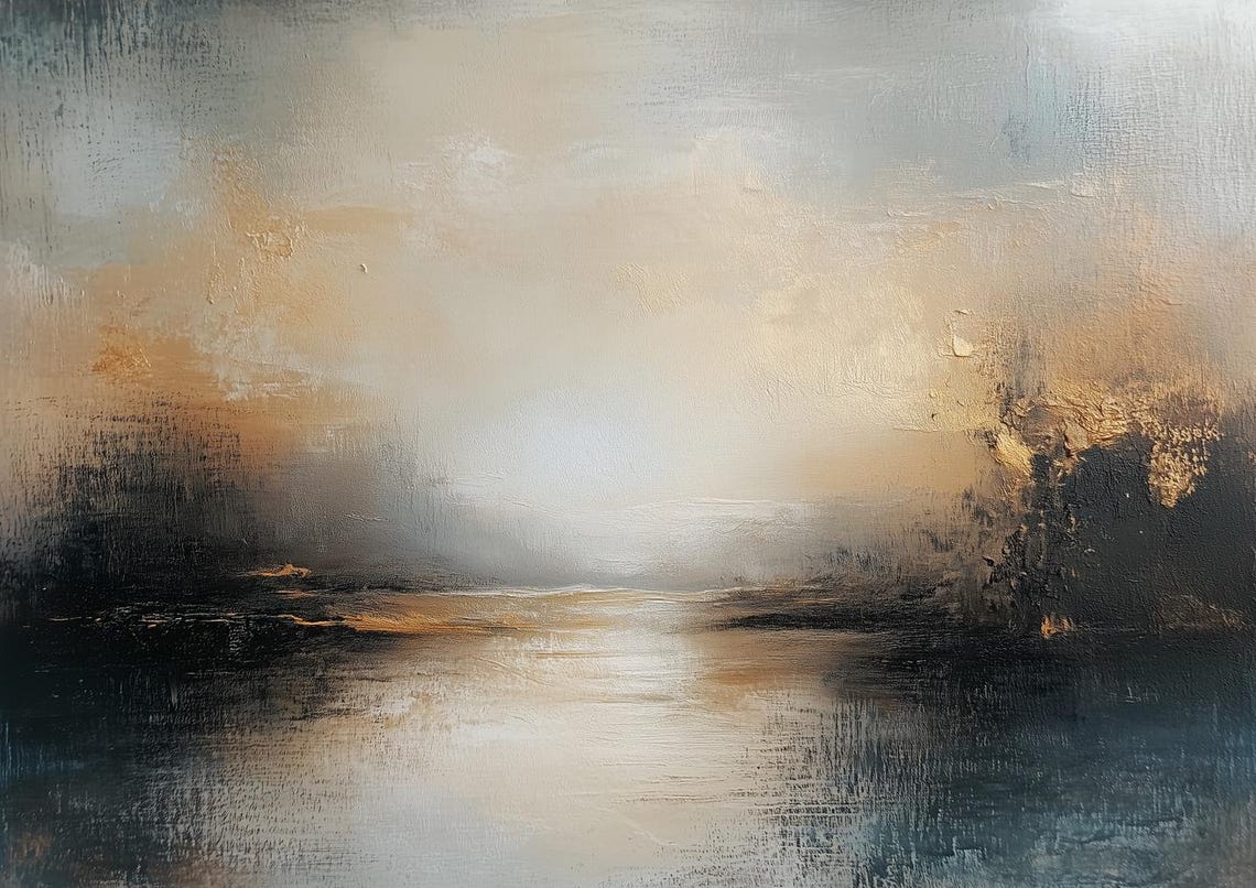 Golden Mist Abstract Waterscape Textured Oil Painting Poster