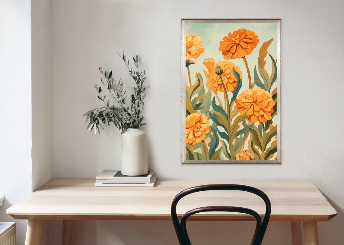 Georgia Okeeffe Inspired Marigold Bouquet With Orange And Yellow Colors Custom Print - Image 2