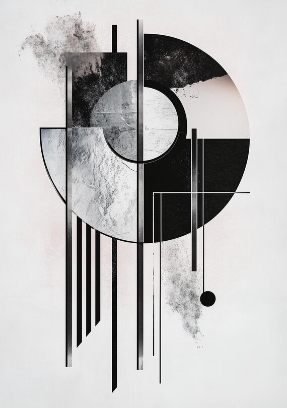 Sleek Monochrome Geometric Abstract with Circles Bands and Lines Poster