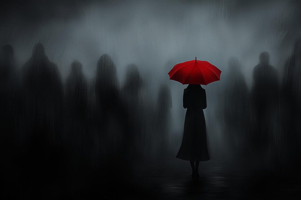 Red Umbrella Figure Dark Foggy Crowd Minimal Dramatic Poster