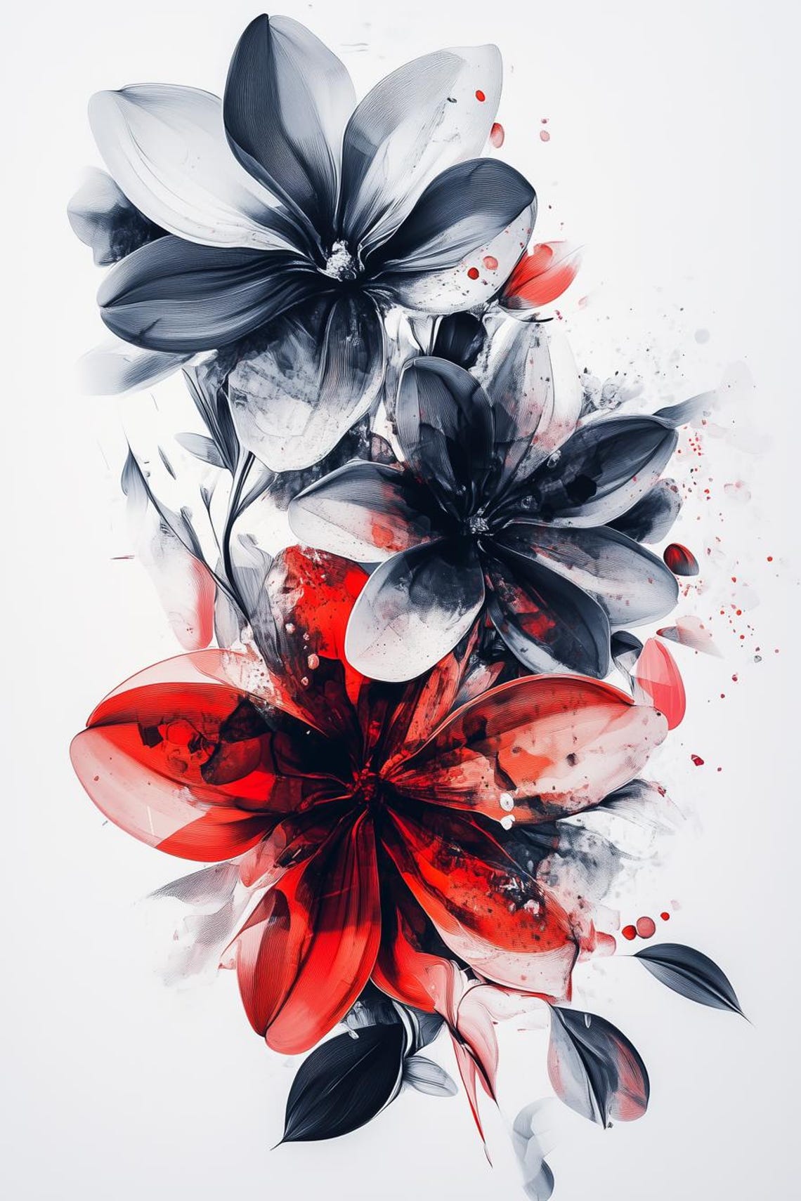 Black and Red Abstract Watercolor Floral Blooms Modern Art Poster