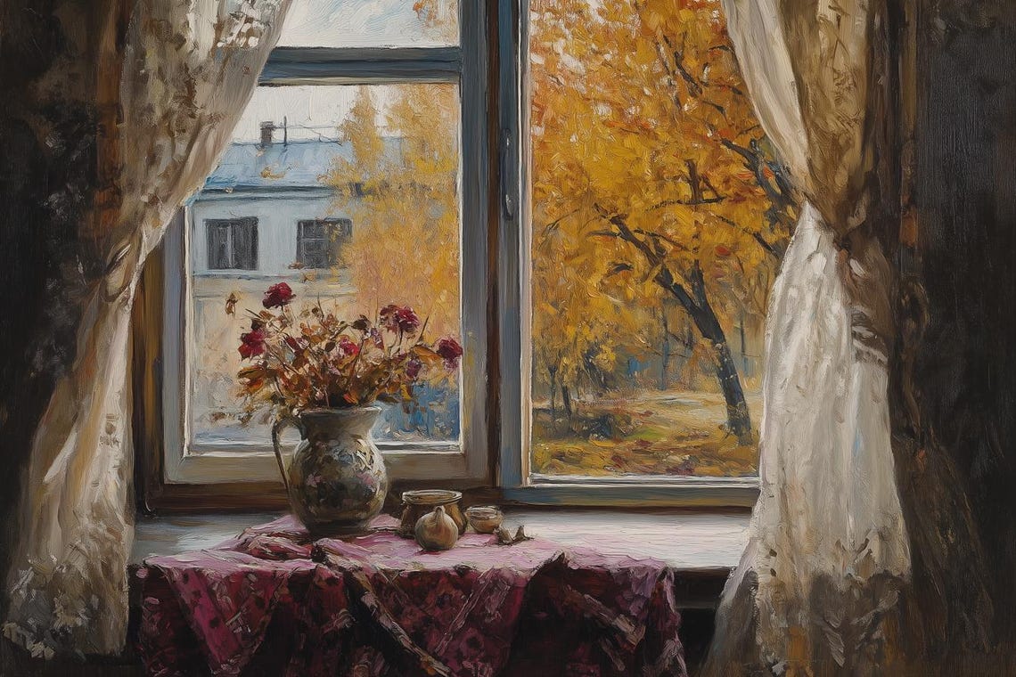 Autumn View Through Window With Flowers Cozy Impressionist Art Poster