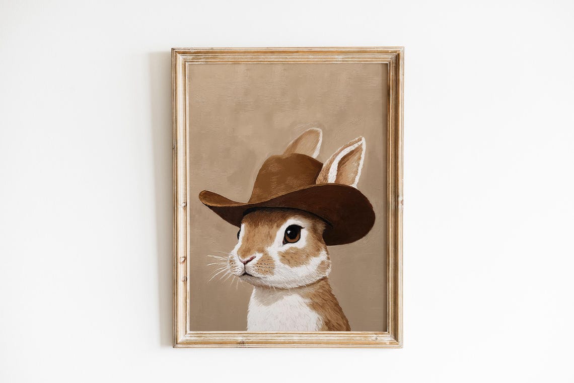 Cowboy Bunny Rabbit in Brown Hat Western Nursery Animal Wall Art - Image 4