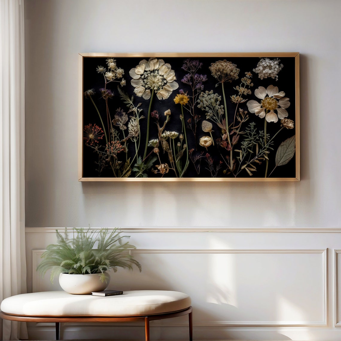 Dark Botanical Wildflowers Dried Pressed Black Background Poster - Image 2