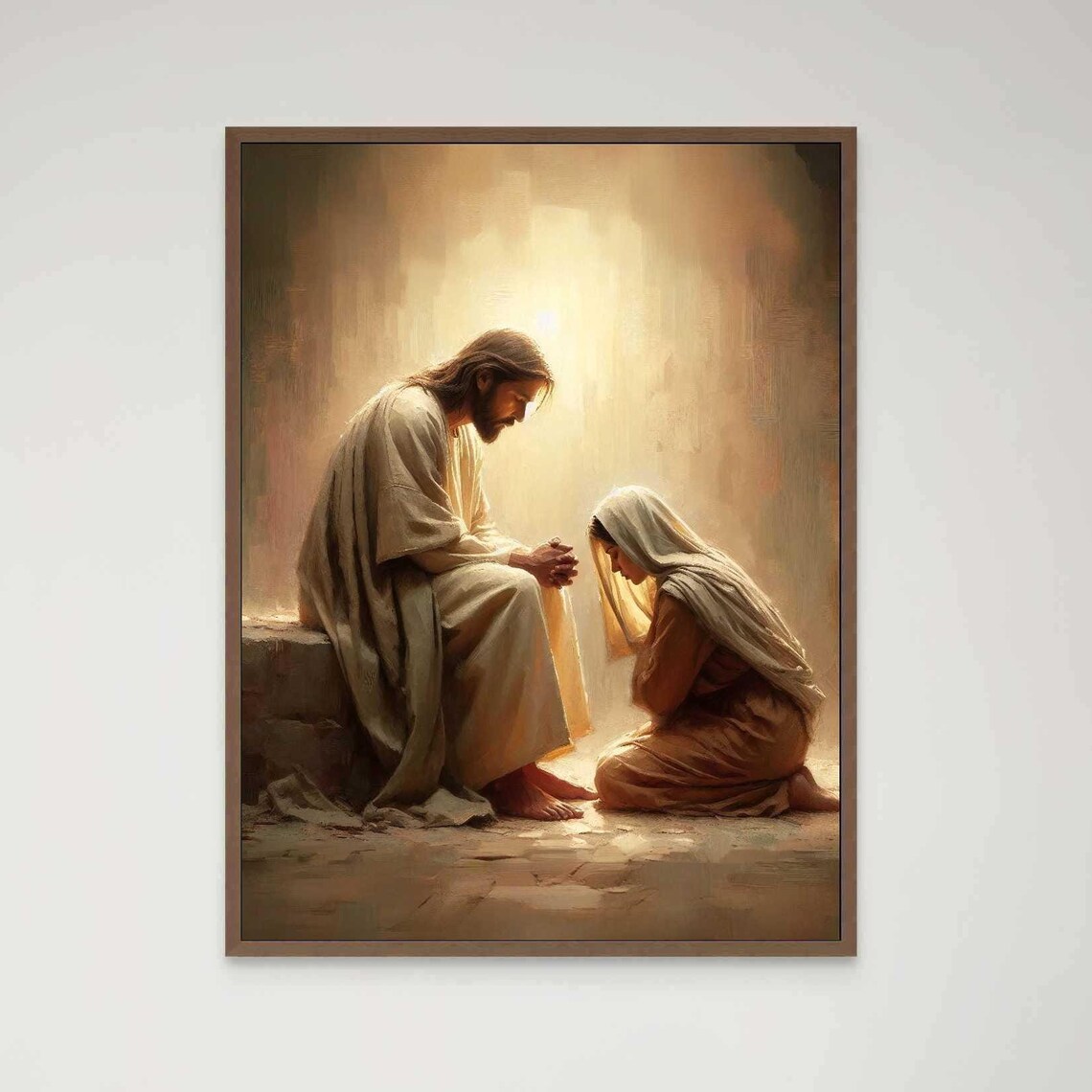 Jesus Praying Beside Kneeling Woman In Soft Golden Light Faith Poster