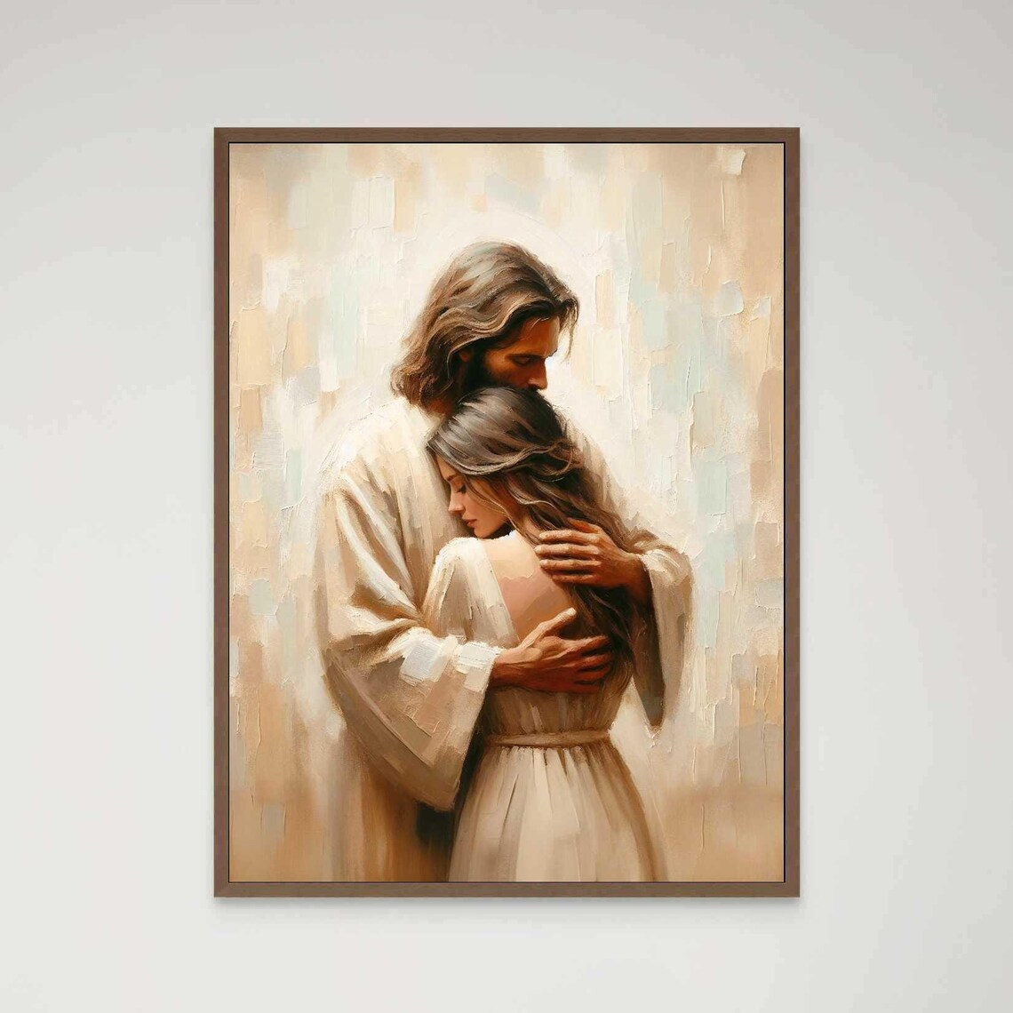 Jesus Embracing Woman In Cream Dress Soft Neutral Light Art Poster