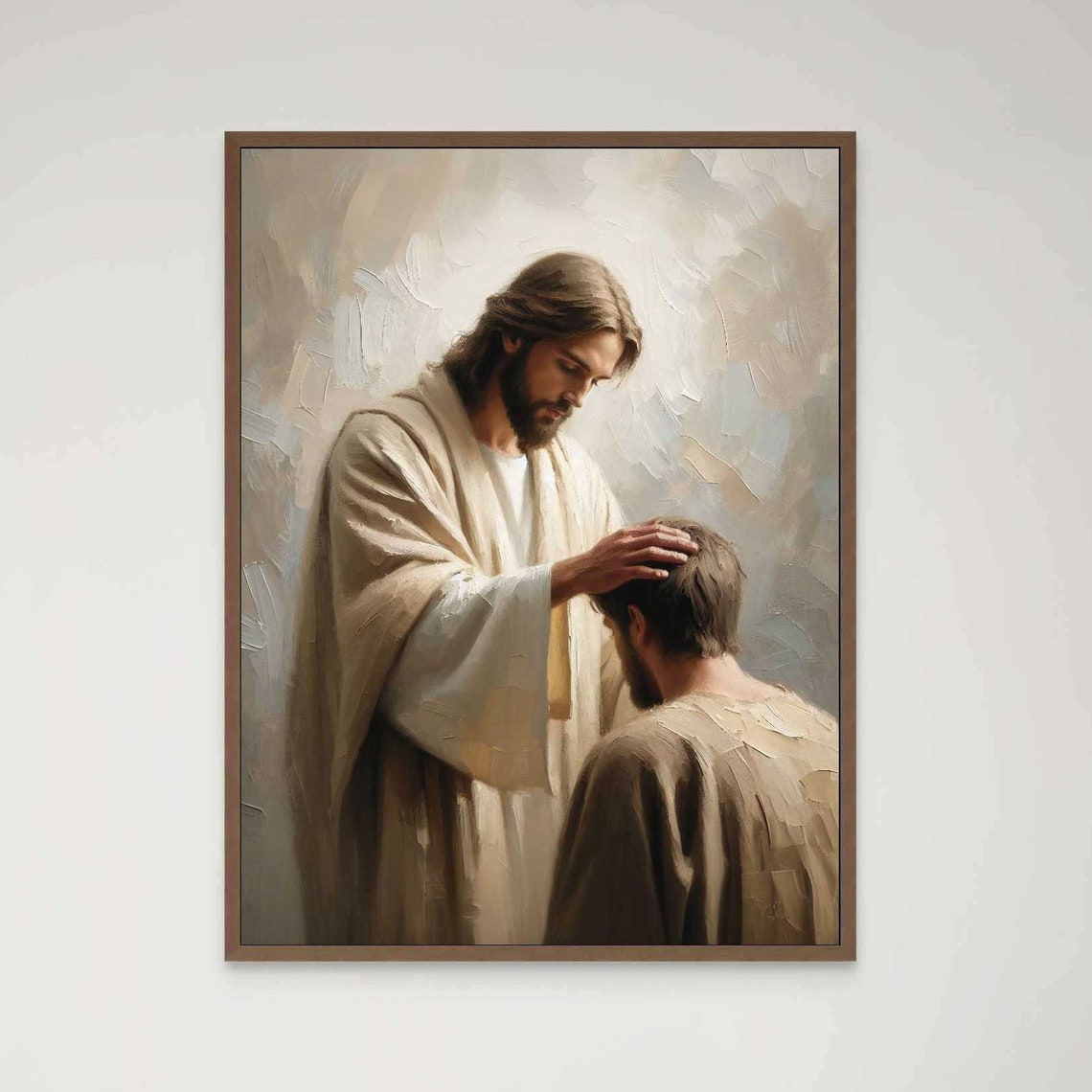 Jesus Laying Hand On Kneeling Man's Head In Blessing Christian Poster