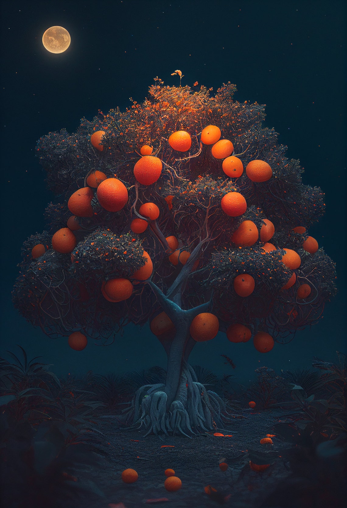 Surreal Moonlit Orange Tree Botanical Night Fantasy Art Poster - Image 2