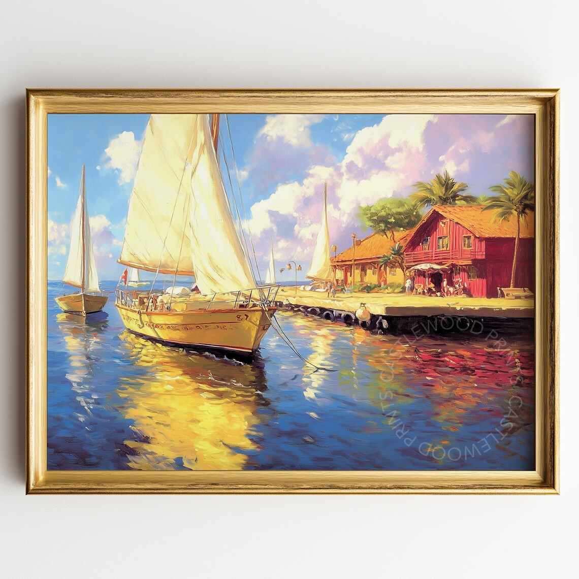 Yellow Sailboat Moored At Marina With Red Boathouse Blue Water Poster