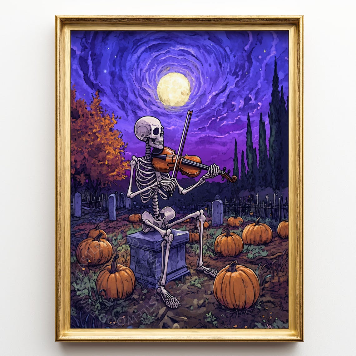 Skeleton Playing Violin Graveyard Full Moon Spooky Autumn Art Poster