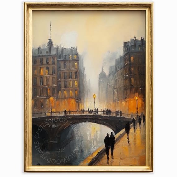 Rainy Paris Bridge Evening Cityscape Impressionist Oil Style Poster
