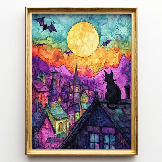 Halloween Night With Black Cat Colorful Roofscape Moody Moonlit Scene Rustic Cottage Decor Fall Wall Art Bat Silhouettes 200