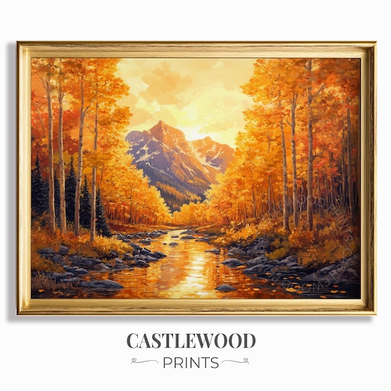 Golden Aspen Autumn Mountain Valley River Fall Foliage Peaks Landscape Poster