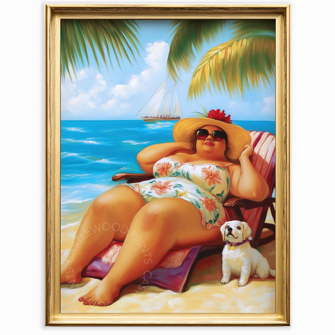 Tropical Beach Woman Sunbathing Palm Dog Summer Vintage Wall Art