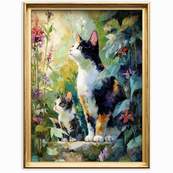 Calico Cat And Kitten In Flower Garden Whimsical Nature Poster