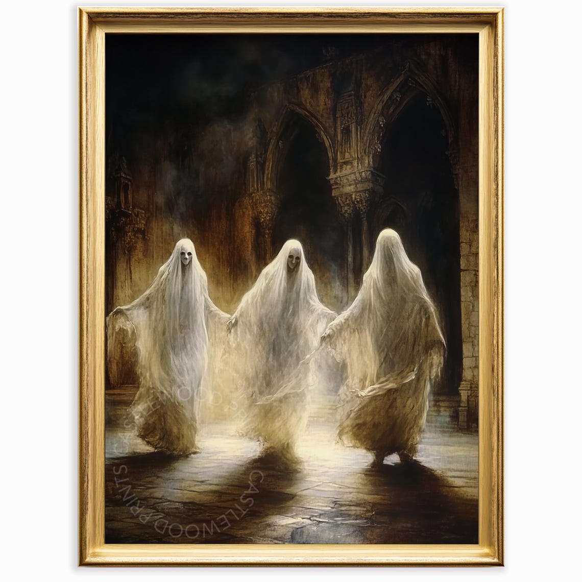 Dancing Ghosts in a Haunted Gothic Castle Halloween Art Poster