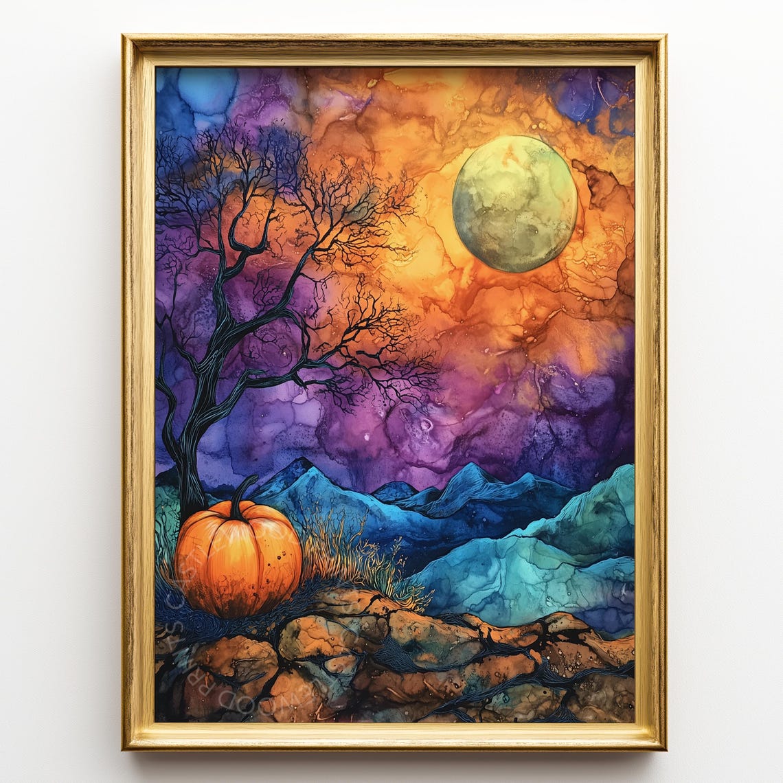 Halloween Pumpkin And Spooky Tree Vibrant Autumn Night Sky Moonlit Scene Rustic Fall Wall Art Seasonal Decor 184