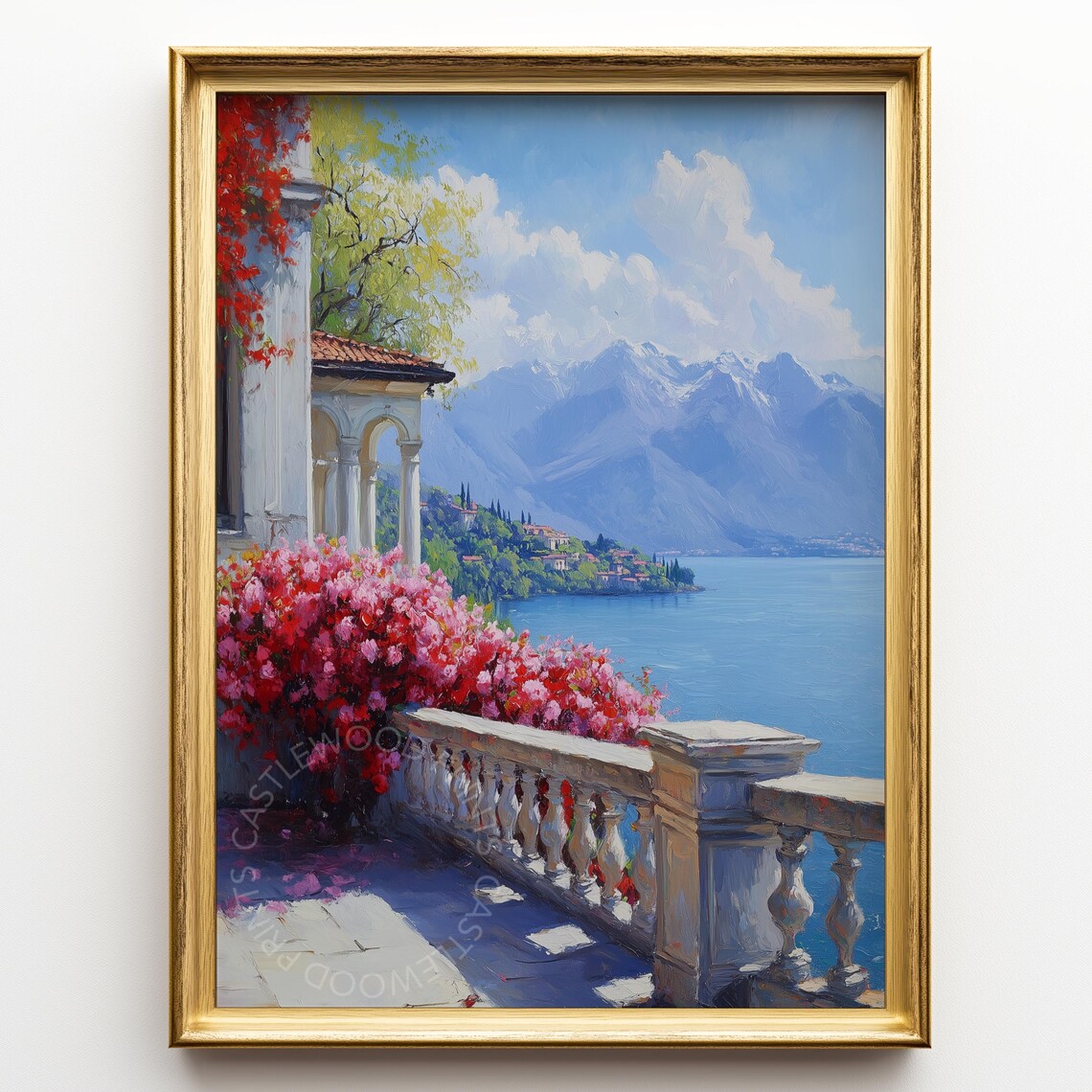 Lake Como Villa Terrace Red Bougainvillea Lakeside Mountain Poster