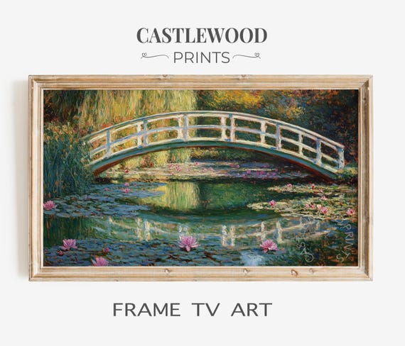 Vintage Water Lily Pond Frame Tv Art Monet Style Landscape Decorative Framed Rustic Decor Impressionist 43