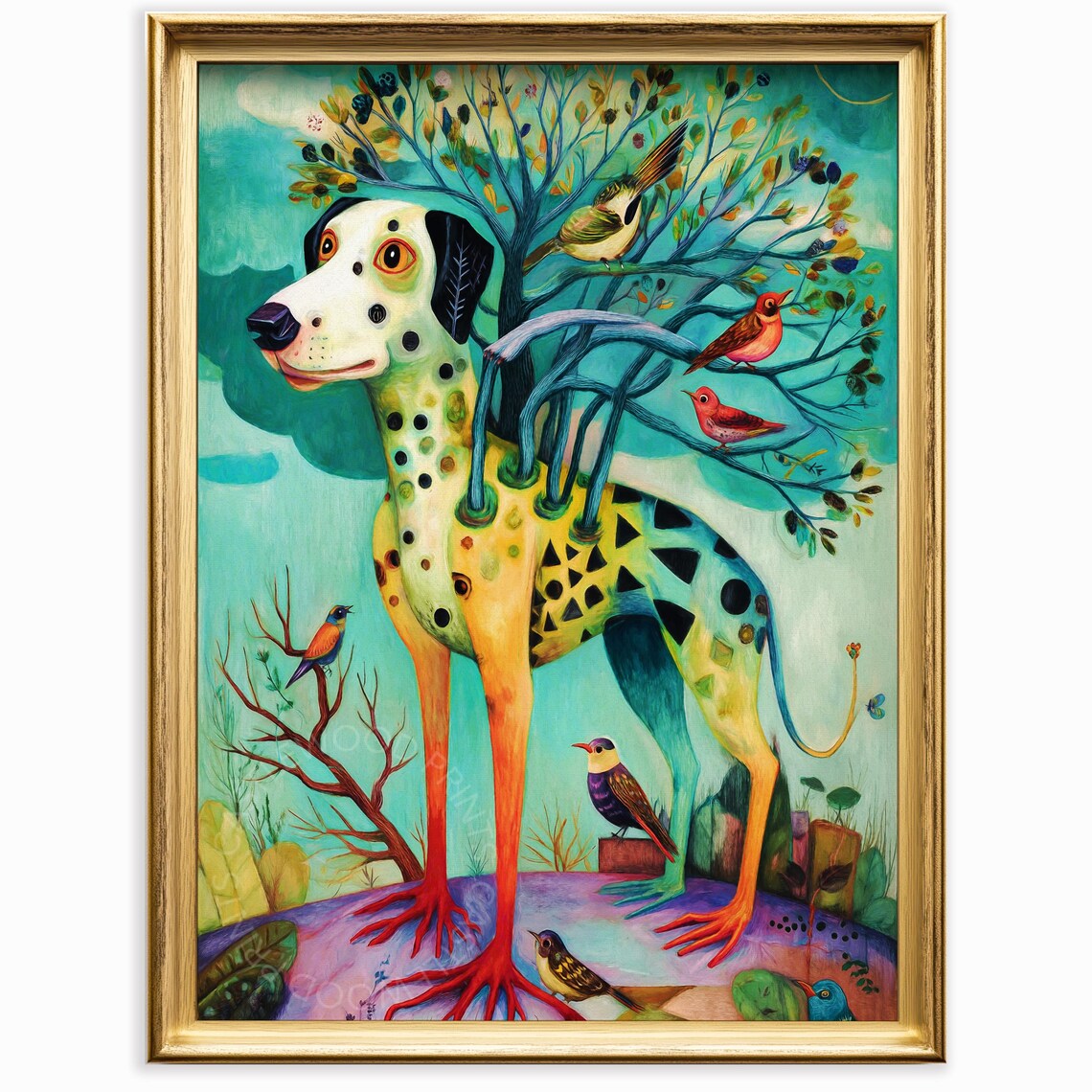 Surreal Dalmatian Dog with Tree and Birds Whimsical Fantasy Poster