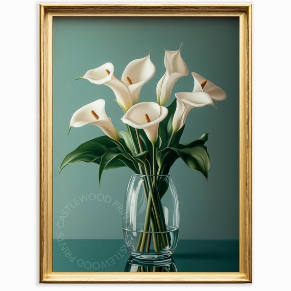Elegant Calla Lily Floral Painting Wall Art Modern Botanical Decor Reflective Green Vase Minimalist Flower Scene 883