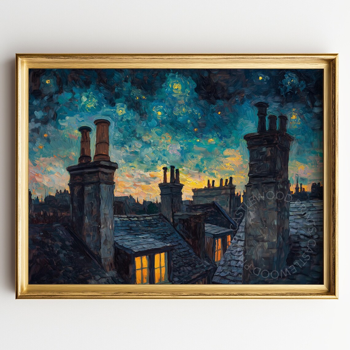 Starry Night Rooftops Chimneys Moody Cityscape Oil Painting Poster