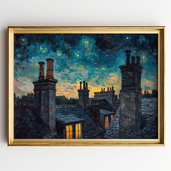 Nighttime Rooftops And Chimneys Vintage Oil Painting Moody Sky Urban Landscape Art Rustic City Night Decor Print 391
