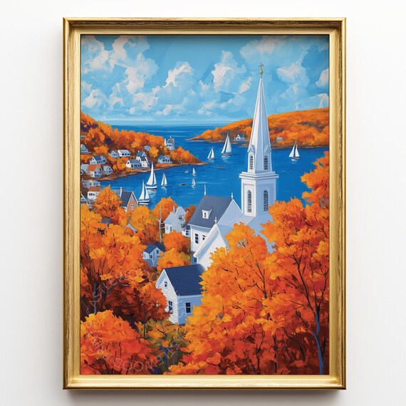 New England Coastal Town In Autumn Harbor Church Steeple Poster