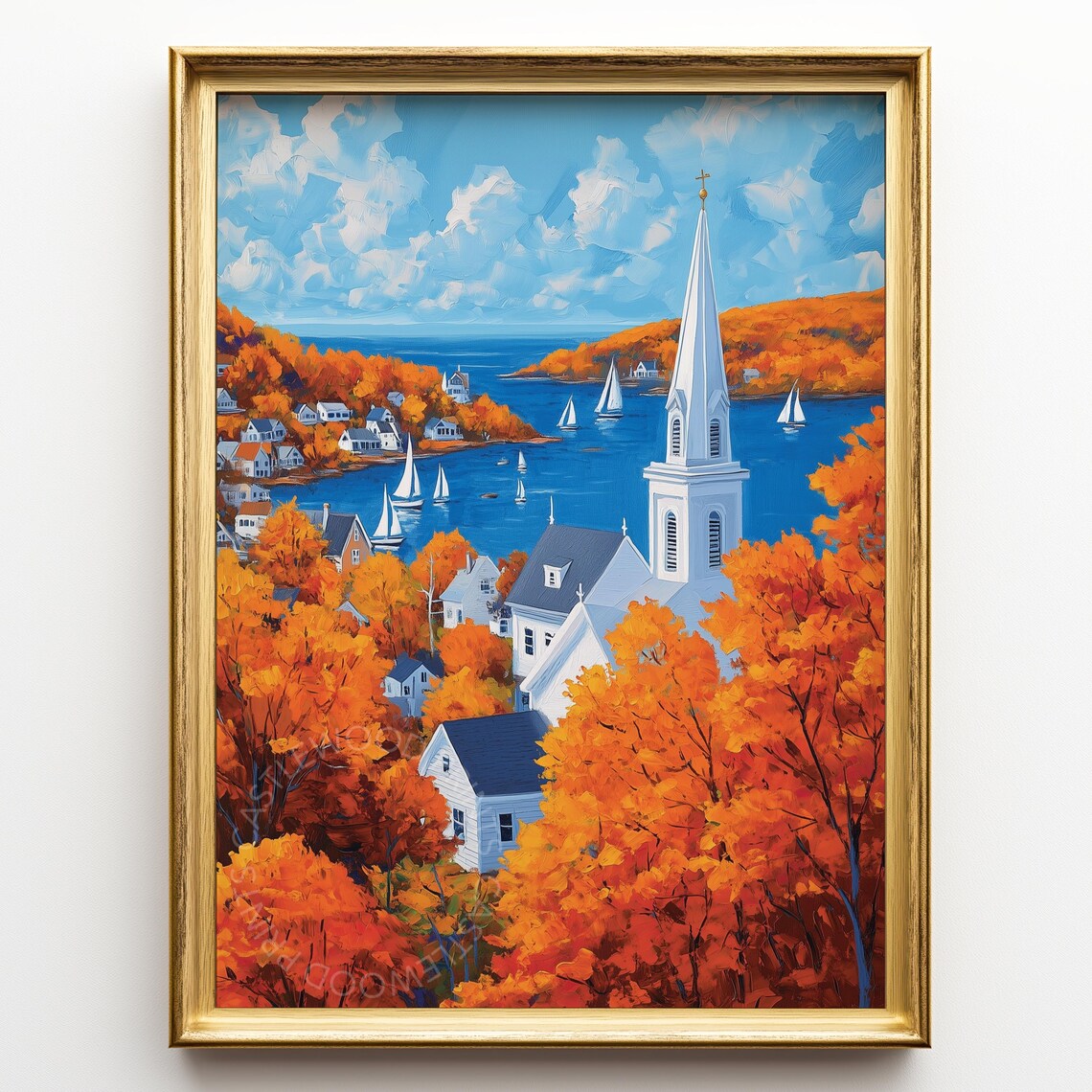 New England Coastal Town In Autumn Harbor Church Steeple Poster