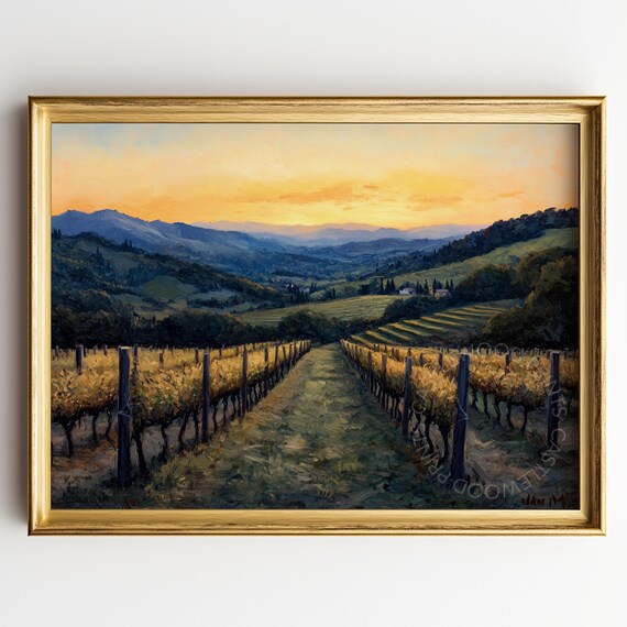 Golden Sunset Vineyard Rows Tuscany Landscape Oil Painting Poster