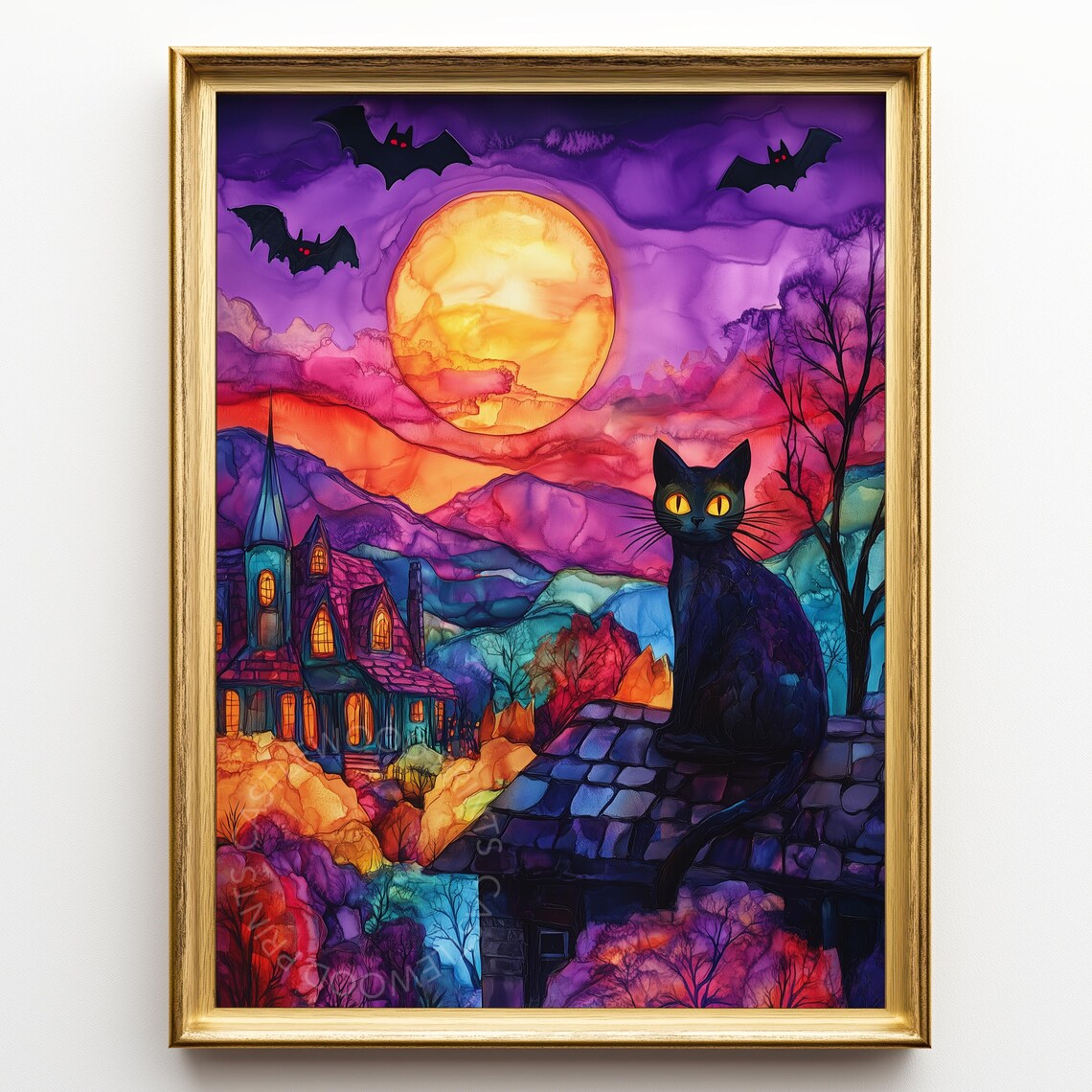 Black Cat Under Giant Harvest Moon Spooky Halloween Art Poster