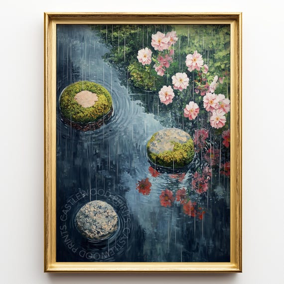 Zen Garden In Early Bloom Serene Japanese Landscape Painting Tranquil Water Scene Spring Wall Art Asian Nature Decor 516