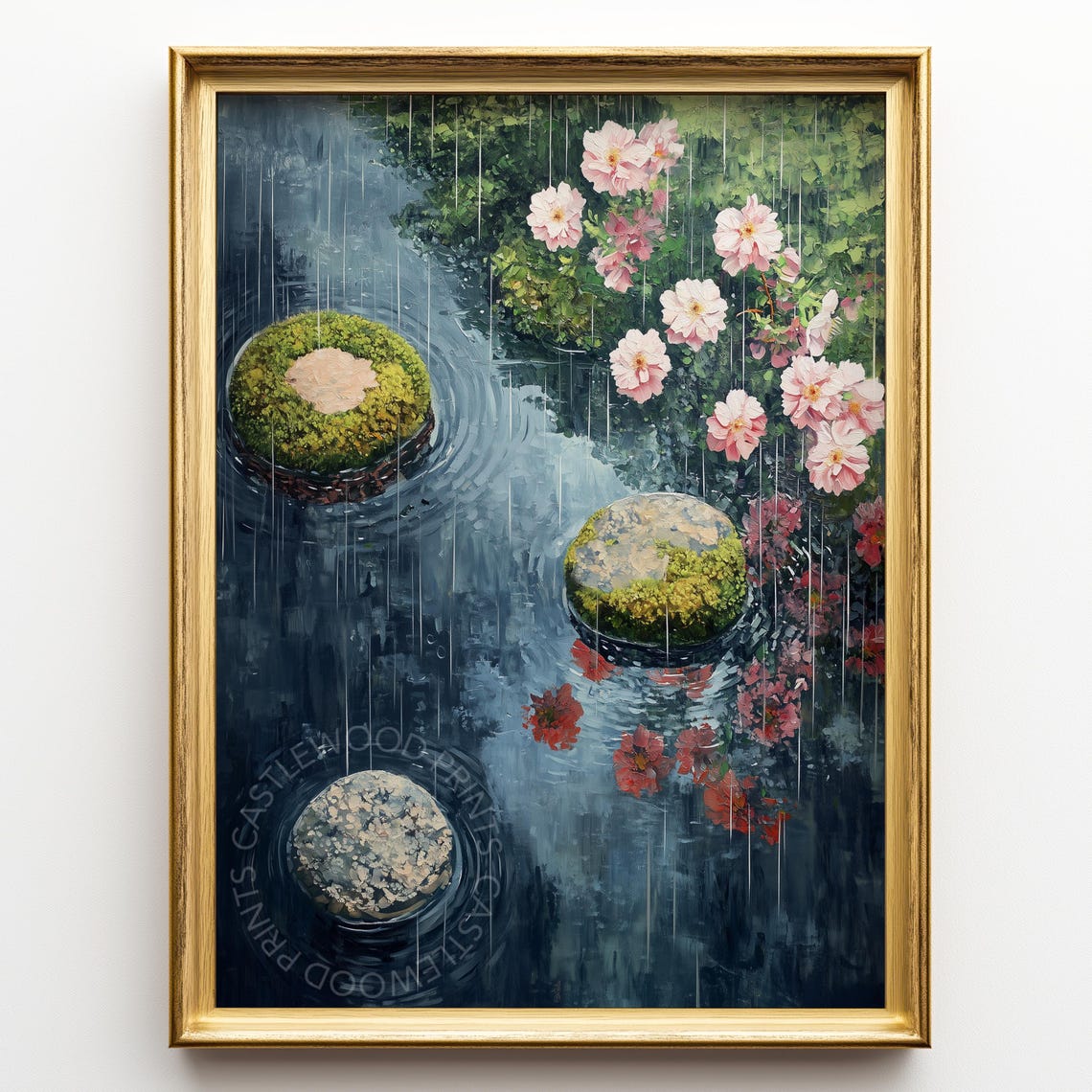 Rainy Japanese Pond with Mossy Stones and Spring Blossom Poster