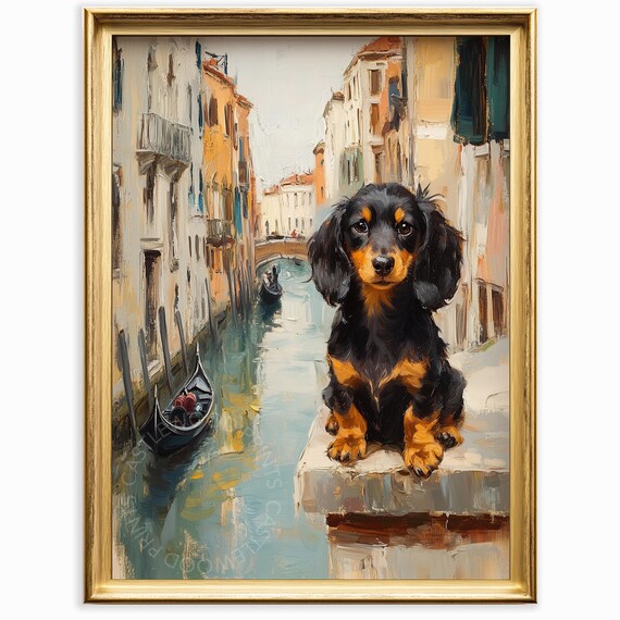 Dachshund Puppy In Venice Scene Oil Painting Style Soft Brushstrokes Charming Wall Art Dog Decor Cute Print 34