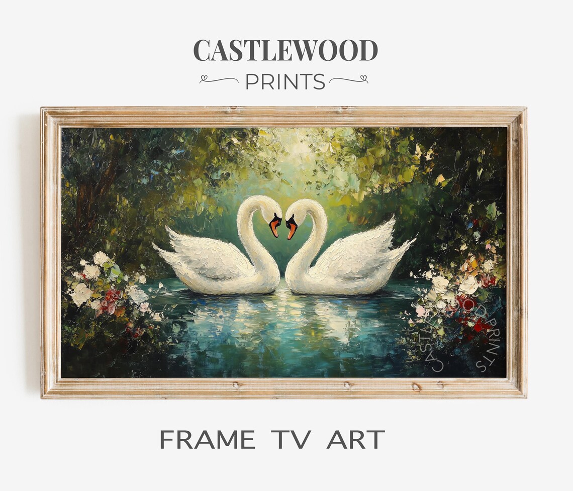 Two White Swans Forming a Heart Romantic Oil Painting Love Poster