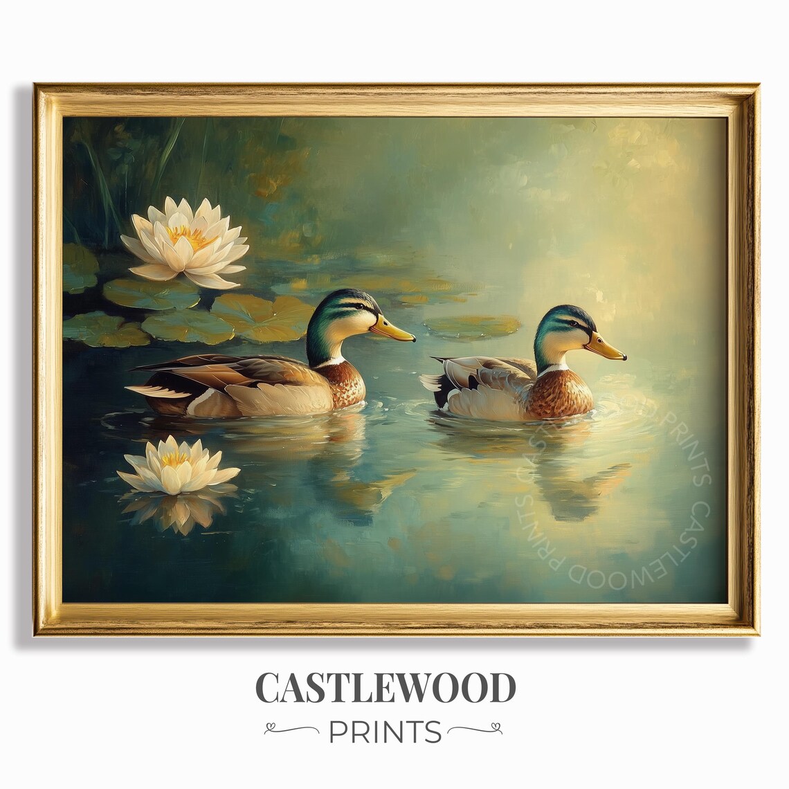 Two Mallard Ducks on Sunny Pond With Water Lilies Wildlife Art Poster