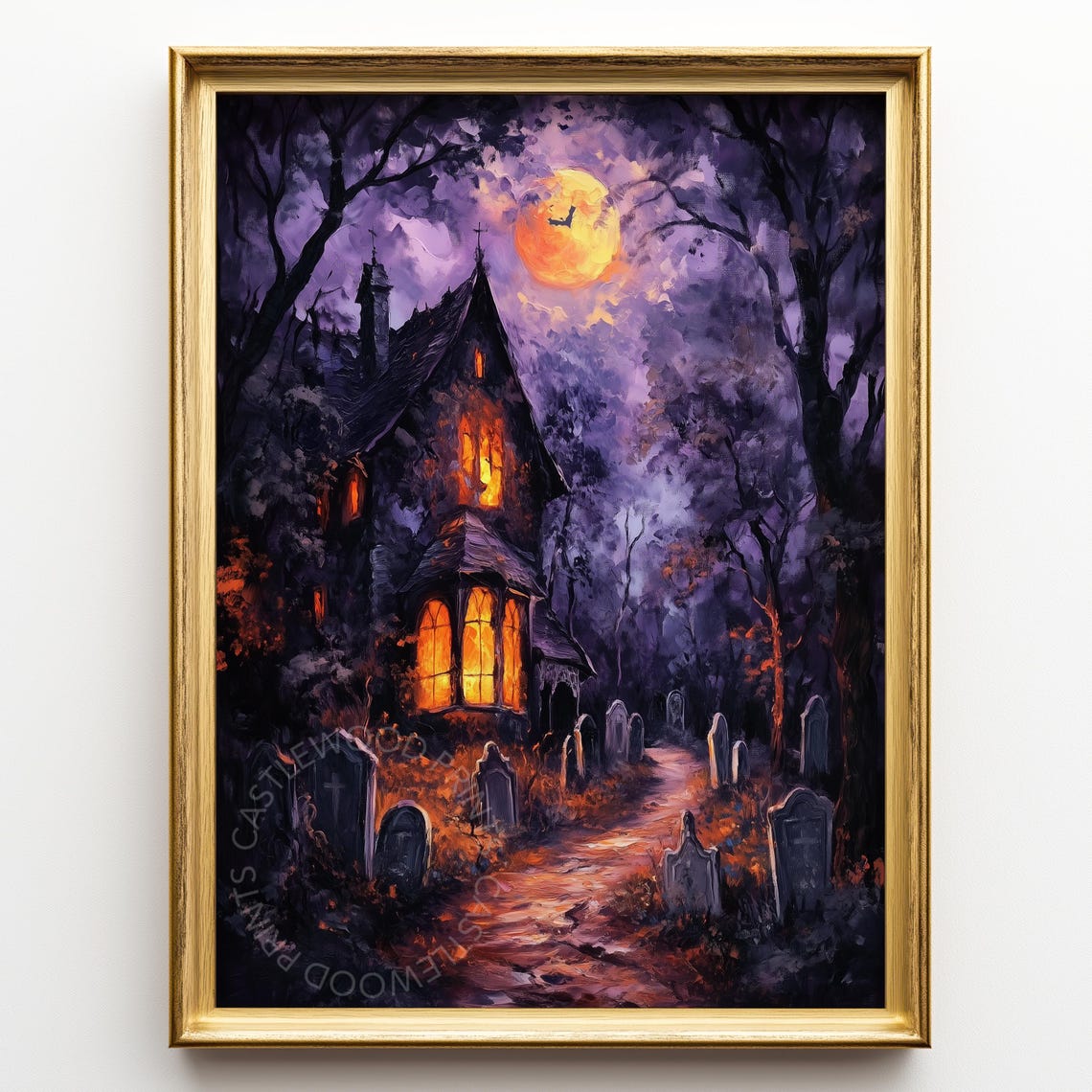 Haunted House Glowing Windows Graveyard Orange Moon Spooky Poster