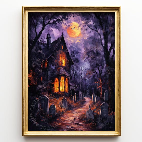 Spooky Graveyard Under Moonlight Halloween Wall Art Haunted House Painting Gothic Night Scene Eerie Decor Print 206