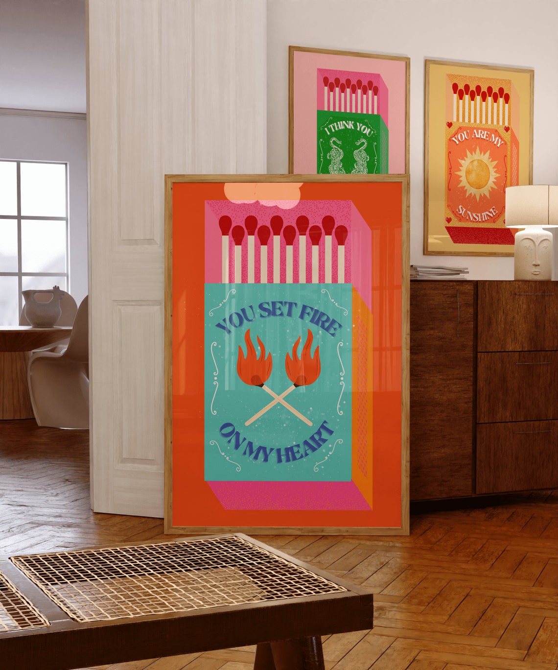 You Set Fire on My Heart Matchbox Flaming Hearts Bold Art Poster