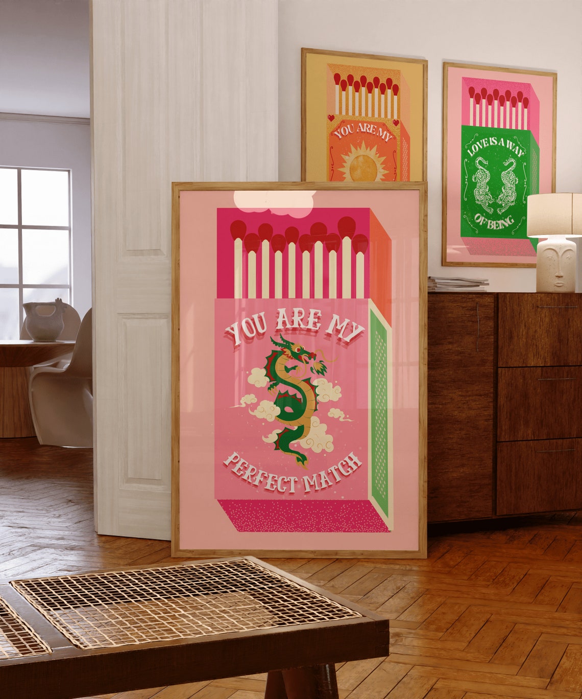 You Are My Perfect Match Pink Dragon Matchbox Retro Love Wall Print