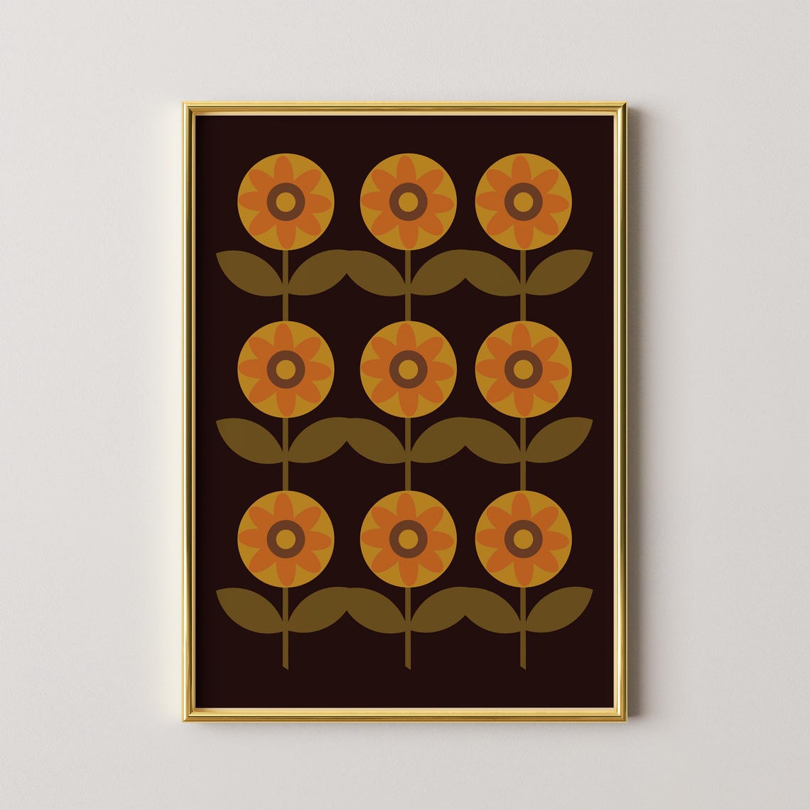Retro 70s Geometric Flowers Grid Poster on Dark Brown Background