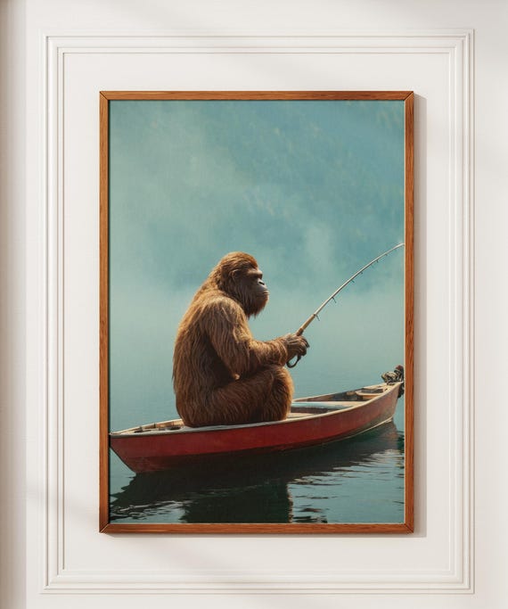 Bigfoot On A Red Canoe Fishing Retro Art Poster Or Print Whimsical Sasquatch Wall Art Lake House Wall Decor Bigfoot Funny Poster