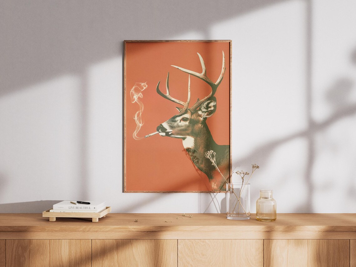 Whitetail Buck Smoking a Cigarette on Burnt Orange Vintage Poster - Image 2