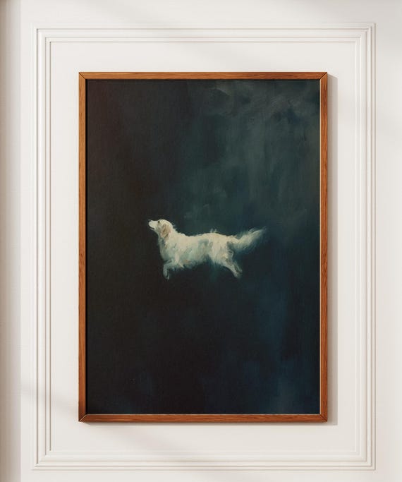 Vintage Dark Blue Golden Retriever Print Abstract Dog Wall Art Poster Minimalist Wall Decor Moody Wall Art Illustration Surrealism Poster