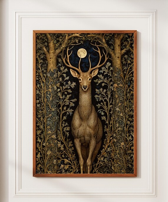 Moonlit Whitetail Deer Poster in William Morris Botanical Forest Style