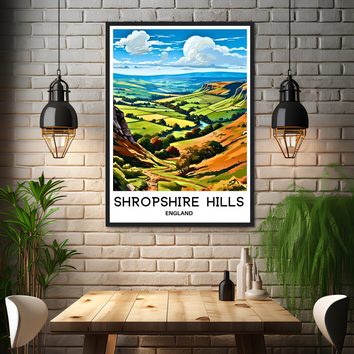 Shropshire Hills England Green Patchwork Valley Travel Poster - Image 3