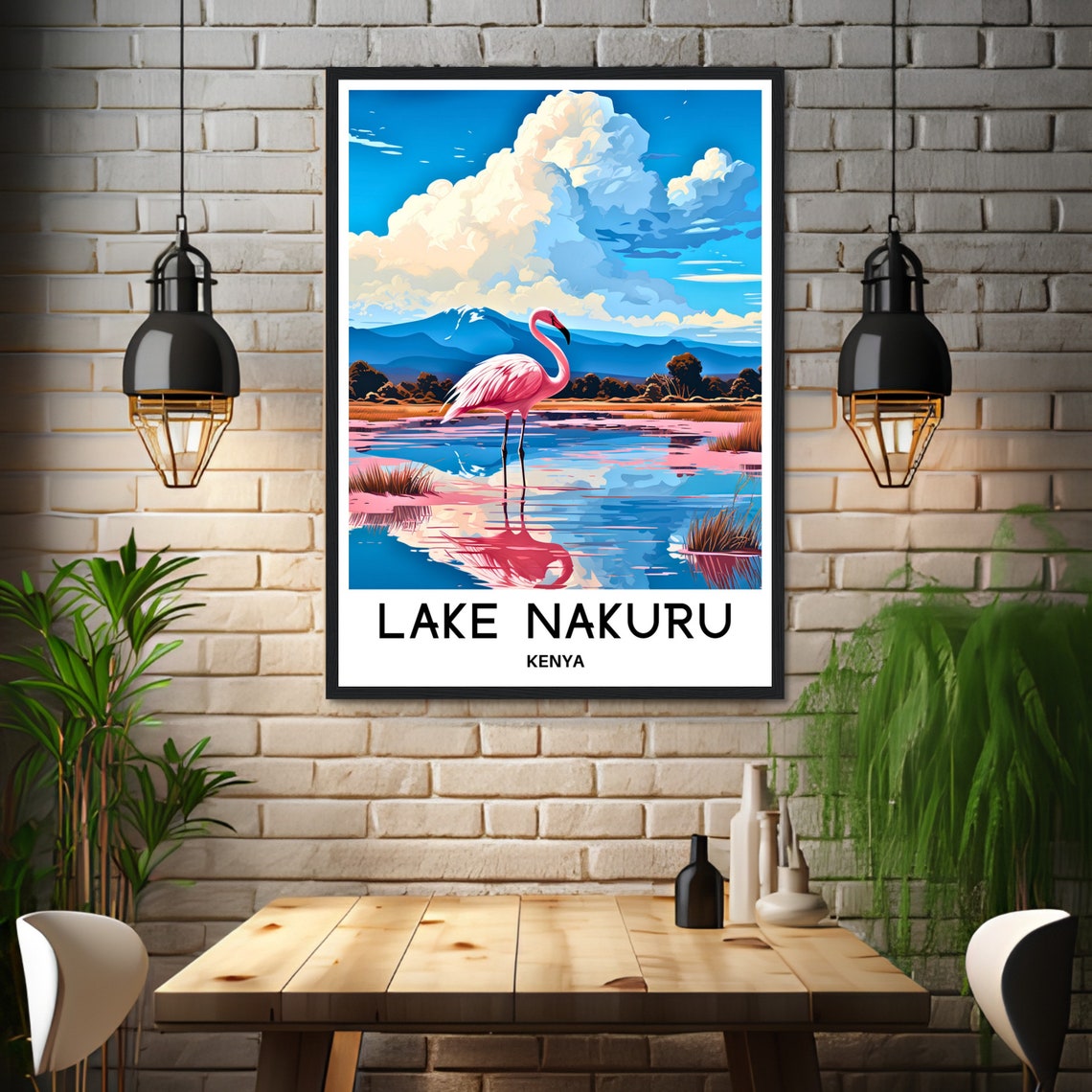 Lake Nakuru Kenya Pink Flamingo Reflection Mountain Travel Poster - Image 3