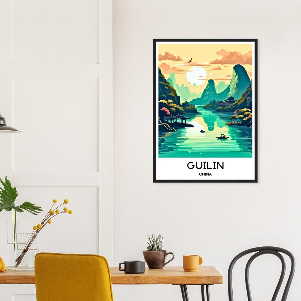 Guilin China Karst Mountains River Pagoda Pavilion Sunset Poster - Image 2