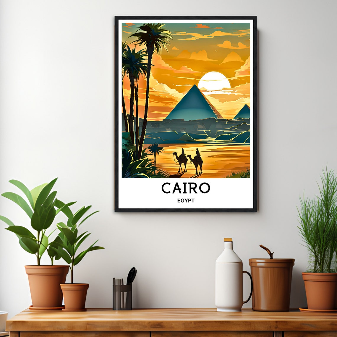 Cairo Egypt Pyramids and Camels Golden Sunset Desert Travel Poster - Image 3