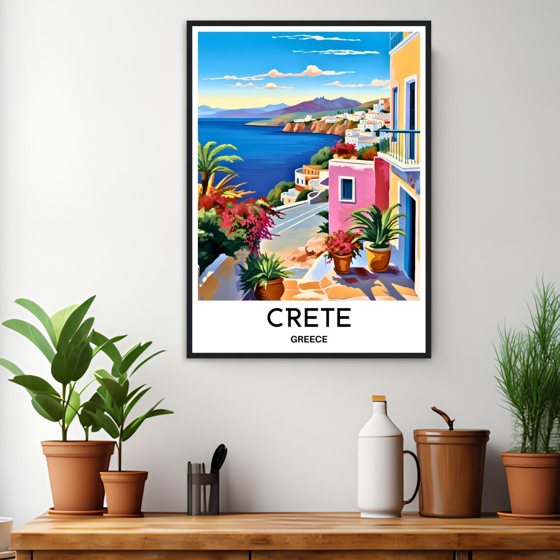 Crete Seaside Village Street with Bougainvillea Flowers Poster - Image 3